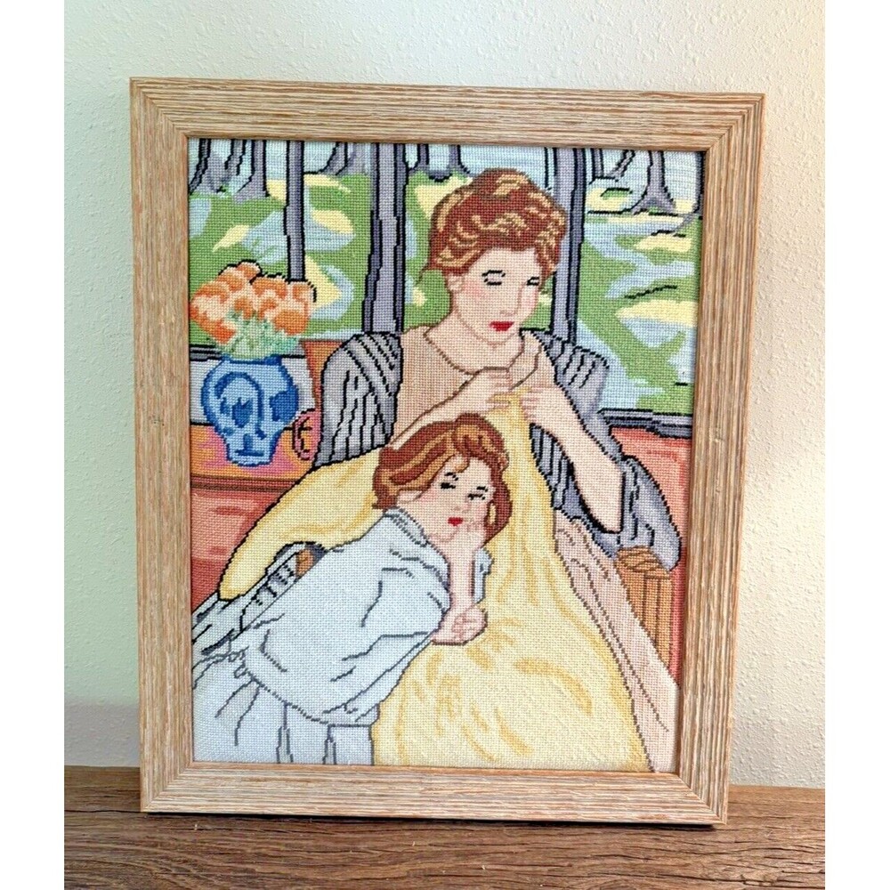 Vintage Framed & Completed Needlepoint Mother & Child 19X15.5 Inches No Glass